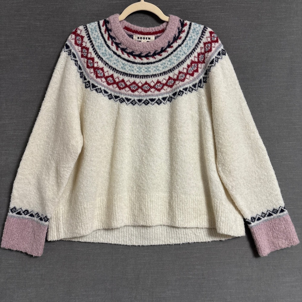 Boden Sweater M Cream Red Wool Alpaca Fair Isle Crewneck Pullover Fall Winter